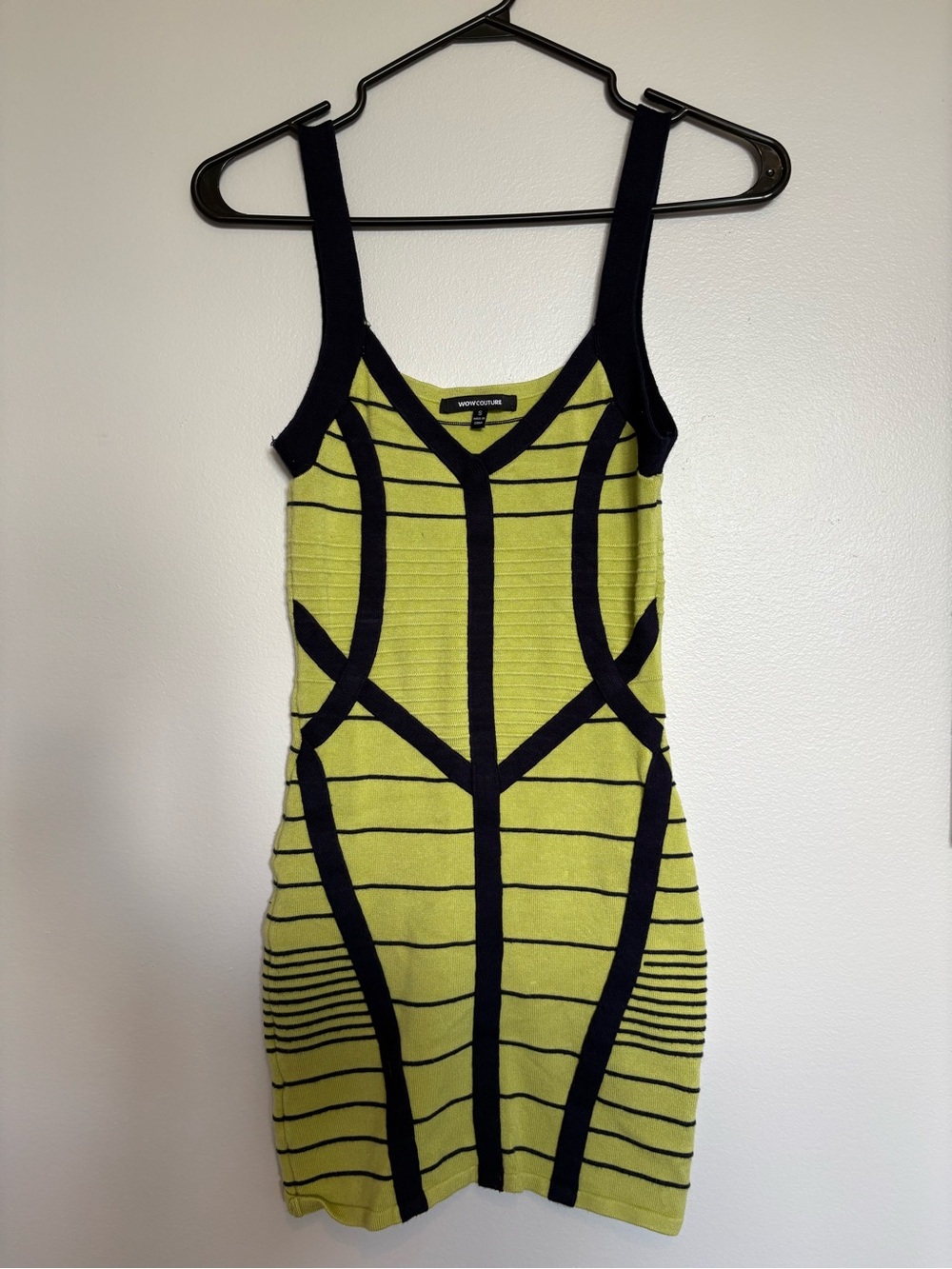 Wow Couture lime green & navy striped bandage mini dress